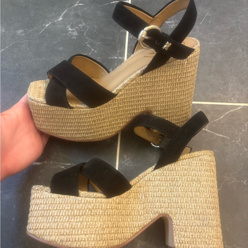 Sam Edelman Black and Tan Wedge Sandals with Ankle Strap